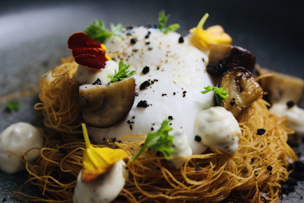 Bird's nest with poached egg