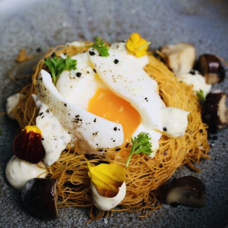 Birdnest with poached egg